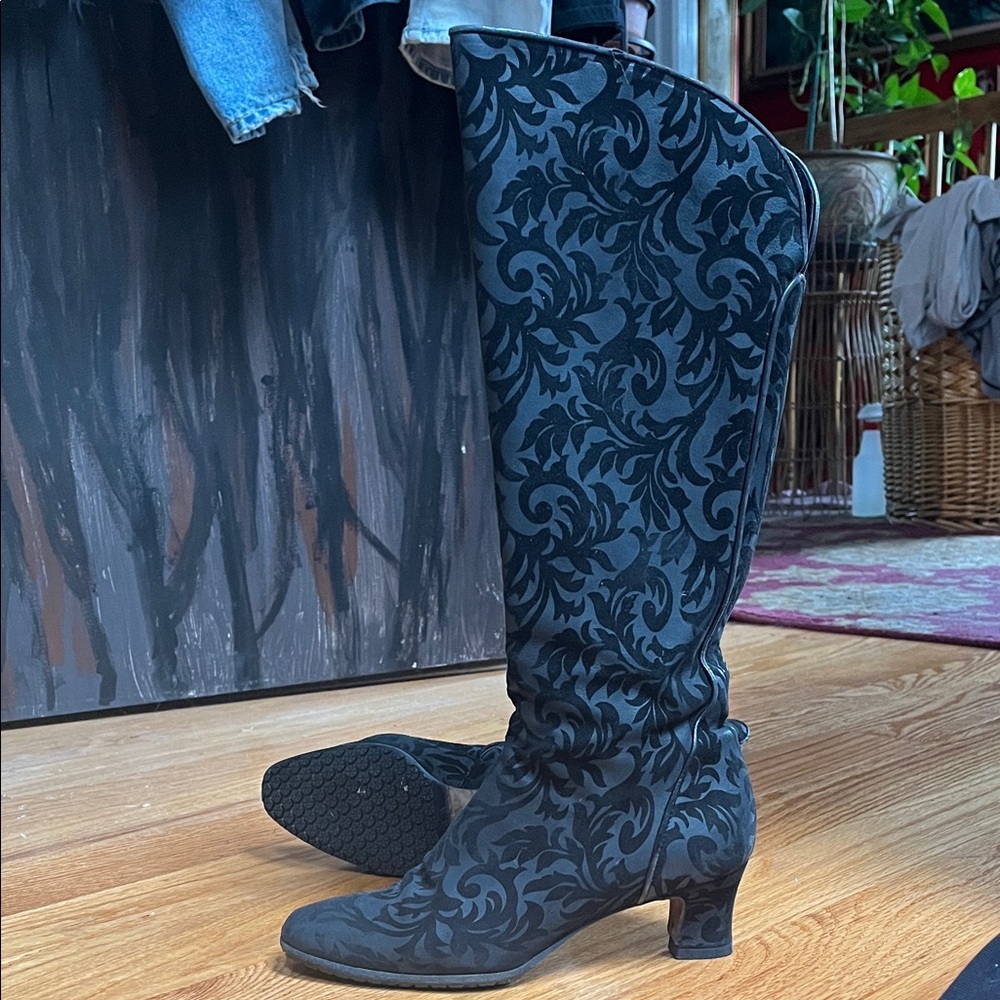 Vintage 80s black gothic Victorian brocade knee high boots